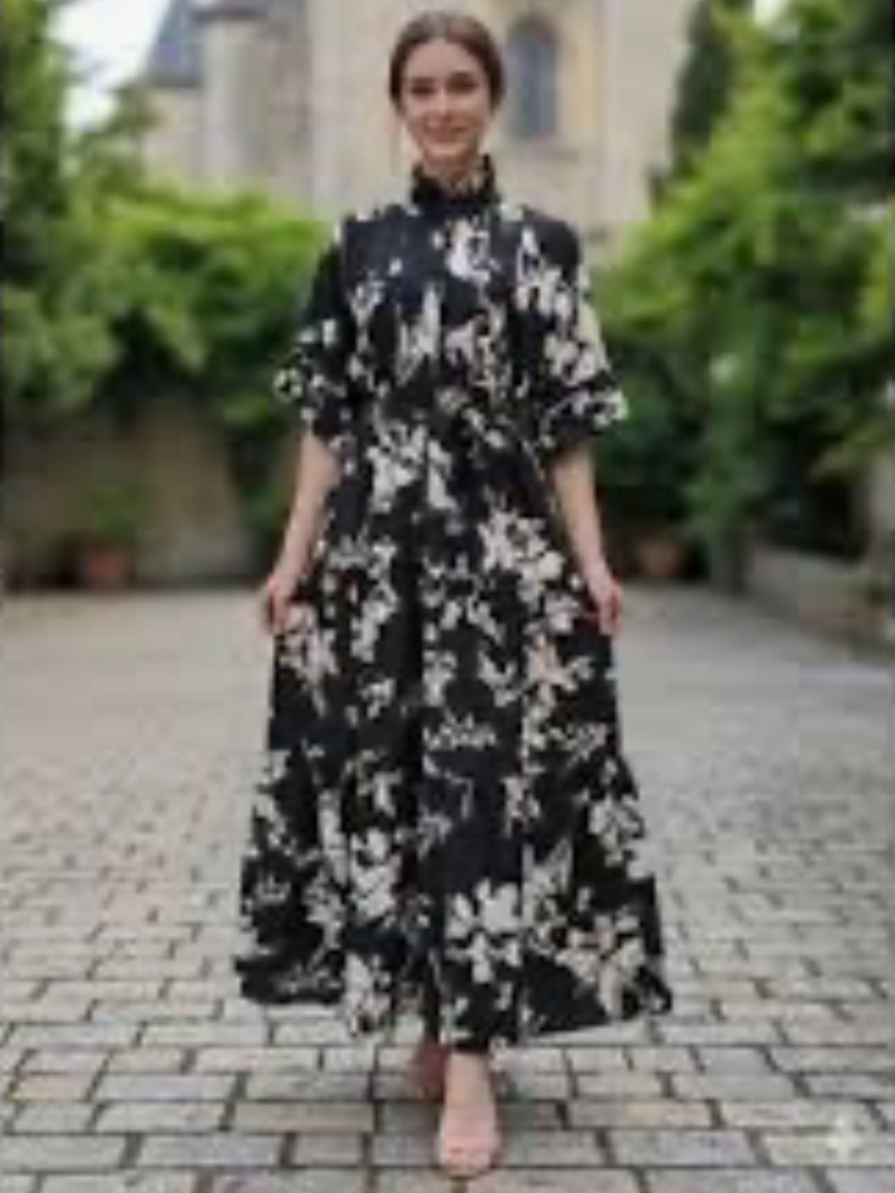 Wayward Fancies EShakti Black Floral Midi Dress with Belt size 10/M